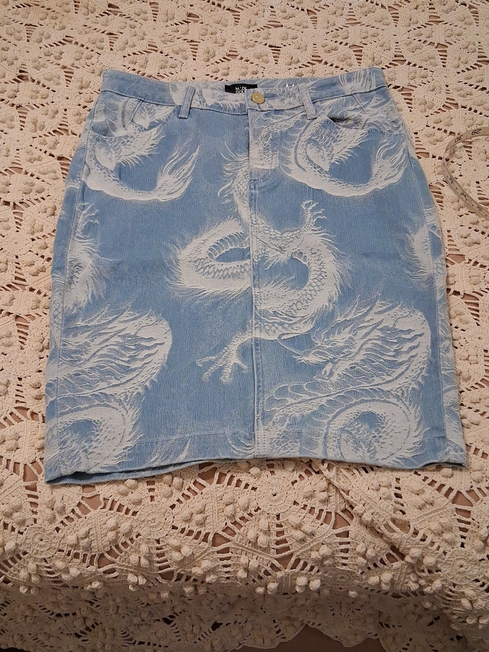Light Blue Dragon Print Denim Skirt